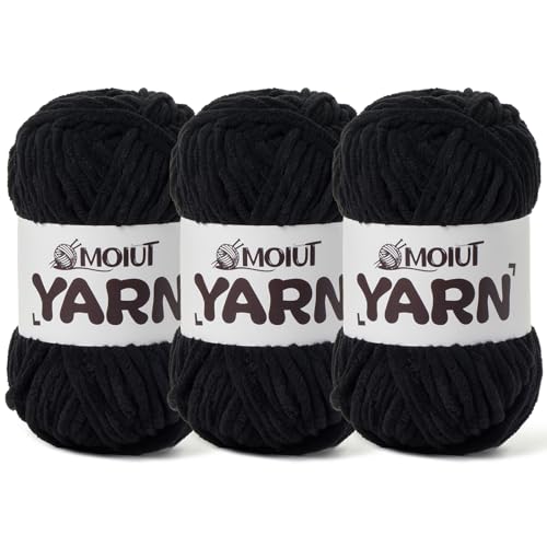 3 Pack Fluffy Chenille Yarn for Crocheting, Chunky Velvet Yarns for Crochet Amigurumi, Baby Yarn for Crocheting Soft Blanket, 262.4yds /10.5 oz Bulky Yarns for Crafts/Hats/Shoes/Socks (3 Black) - color: 3 Black