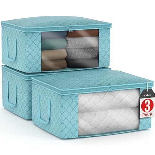 Sorbus Medium Clothes Storage Bags - Foldable Blanket Storage Bins for Organizing Bedroom, Closet, Clothing, Comforter, Organization with Clear Window, Lids and Carry Handles - Set of 3 | Carry handles and fabric construction support foldable bins with li