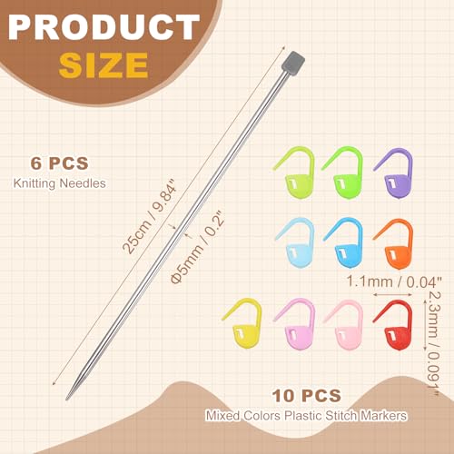 MECCANIXITY 4Pcs H(5mm) Single Pointed Knitting Needles Set, 9.8" Length Stainless Steel Crochet Needle with 10Pcs Knitting Stitch Markers for Beginner, Crocheter DIY Making, Silver - size: H(5mm) 9.8" Length