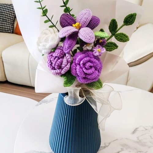 Marvogo Handmade Crochet Flower Bouquet,Crochet Flowers for Loved Ones | Crochet Flower,Crochet Rose, Bell Orchid, Tulip, Finished Artificial Flower Ideal for Lovers, Family and Friends purple - color: Purple