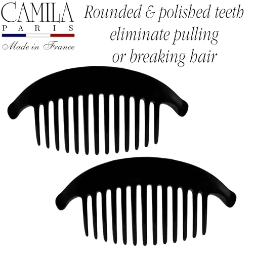 Camila Paris CP2872/2 French Hair Side Combs, Black Interlocking Combs French Twist Hair Combs, Strong Hold Hair Clips for Women Bun Chignon Up-Do, Styling Girls Hair Accessories, Made in France - color: Black