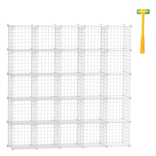 Cube Storage Organizer, Metal 25-Cube Shelves Bookshelf, Portable Closet Clothes Organizer for Bedroom, Home, Office, White - color: White Plus Iron, size: 25 Cubes