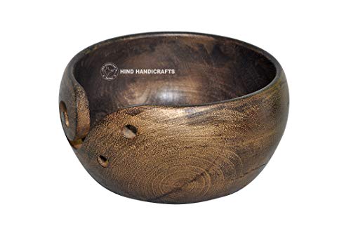 Premium Solid Dark Handmade Crafted Wooden Portable Antique Yarn Storage Bowl - Holder for Knitting Crochet Hook Accessories (6" x 6" x 3", Antique Golden) - color: Antique Golden, size: 6" x 6" x 3"