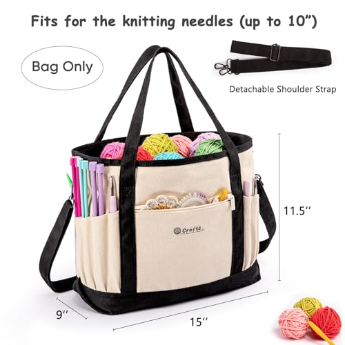 Canvas Yarn Storage Organizer Bag Washable Crochet Bag with Pockets for Yarn, Hooks, Needles – Travel Knitting Tote for Crafters – Gift for Crocheters & Knitters (Medium/Large) - color: Nature-Black, size: Large-15”