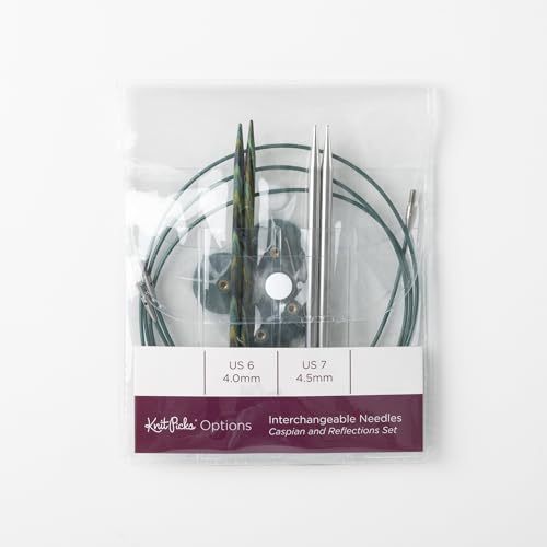 Knit Picks Wood and Metal Interchangeable Knitting Needles Set - US 6 and 7 | 1 pair of stainless steel knitting needles in size 7 and 1 pair of wood knitting needles in size 6, 4.75" long, with cables - color: Caspian & Reflections