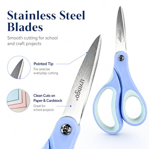 LIVINGO Kids Scissors 6 Inch 3 Pack Soft Blue Mint Green Peach Pink | School Supplies for Age 8-12, Pointed Tip, Stainless Steel Blades, Left & Right Handed Grip, DIY Craft Classroom Use