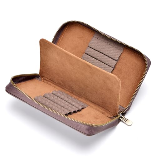 Fountain Pen Leather Pen Case 10 Divided Slots, Rollerball Pen Holder Handmade Display Organizer Zippered Pouch - color: Coffee