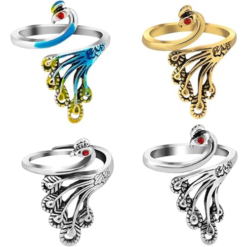 Adjustable Crochet Yarn Tension Ring for Knitting, 4 Pcs Finger Tensioner Loop Cat Peacock Ring - color: 4 Pcs Phoenix