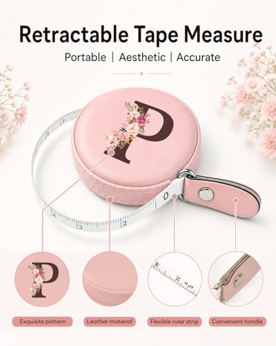 Maicican Retractable Tape Measure, Pink Leather Sewing Measuring Tape, P | with Initial A-Z, 60"/1.5m Soft Sewing Measuring Tape for Body Measurements, Portable Small Fabric Ruler - color: Tape Measure-Pink P