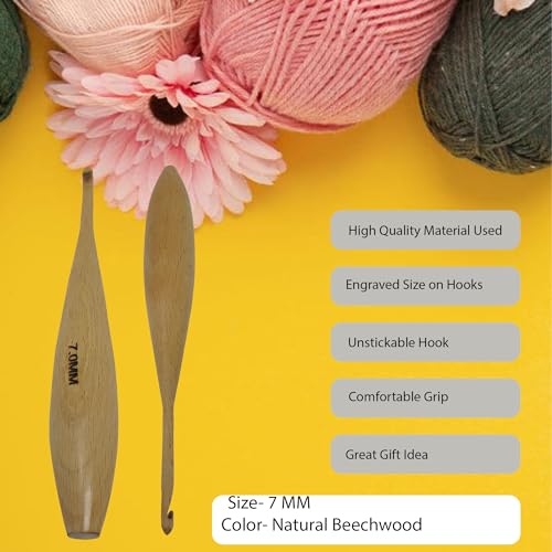 Handcrafted Wooden Crochet Hooks with Bag, 4 MM to 10 MM | Comfortable Grip | Smooth Finish & Ergonomic Design | Galaxy Indiacraft (Natural Beechwood, 7 MM) - color: Natural Beechwood, size: 7 MM