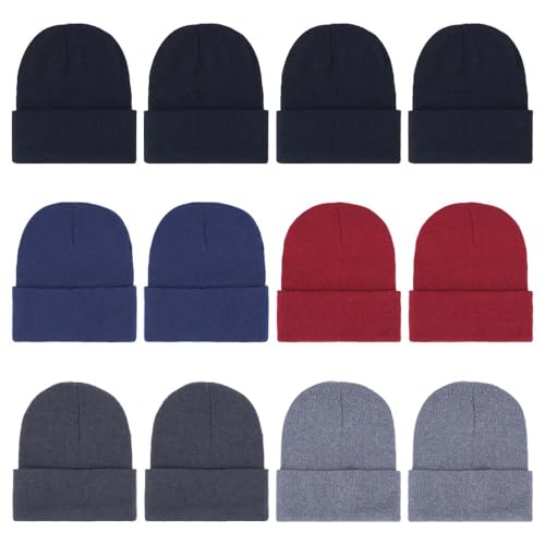 ZH 12-Pack Knitted Winter Beanie Hats for Men and Women, Warm and Cozy Cuffed Skull Caps, Bulk Purchase - color: Black/Navy/Maroon/Dark Gray/Light Gray