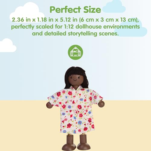 PlanToys® Mother Poseable Wooden Dollhouse Figurine 1:12 Scale 5-Inch Doll | mom character, doll house people accessories, bendable arms, kids pretend play, girls montessori learning gift 3+ for boys - color: African American Mom