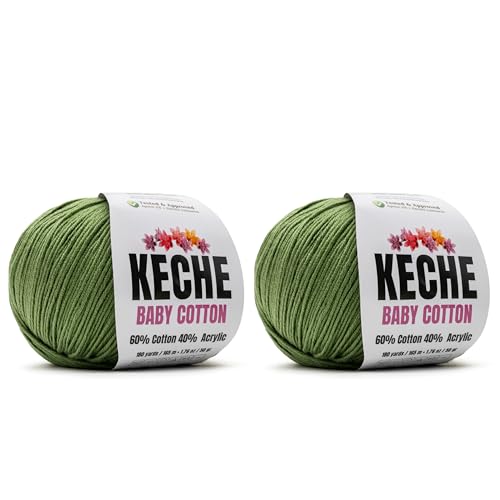 Keche Baby Cotton, 60% Cotton 40% Acrylic Yarn, Soft Cotton Yarn for Crochet and Knitting, Amigurumi Yarn 4 Skeins/Balls [1.76 Oz (50g) / 180 Yrds (165m)] x 2 Olive Green - color: OLIVE GREEN, size: 2 SKEINS