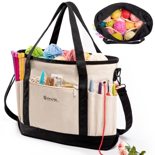 Canvas Yarn Storage Organizer Bag Washable Crochet Bag with Pockets for Yarn, Hooks, Needles – Travel Knitting Tote for Crafters – Gift for Crocheters & Knitters (Medium/Large) - color: Nature-Black, size: Large-15”