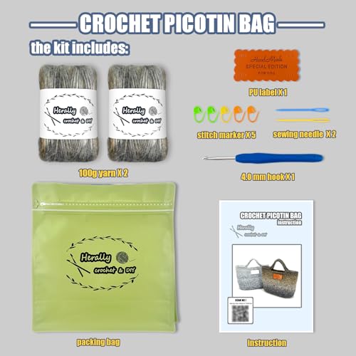 Herally Crochet Kit DIY Bag for Beginners - Crochet Picotin Bag (Brown) | Include Yarn, Hook and Accessory - with Step by Step Video Tutorials - color: browncream
