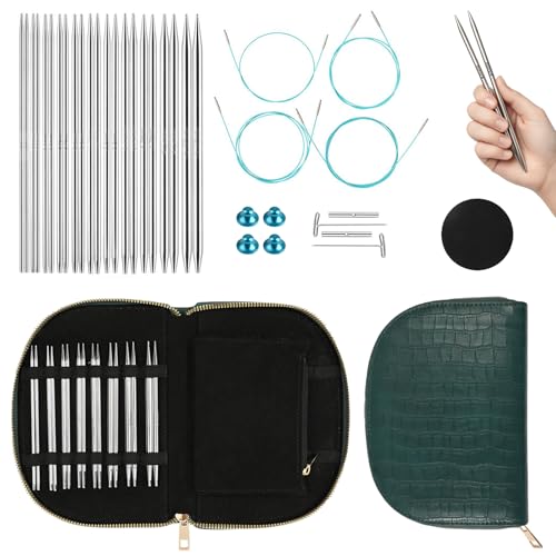 Yarniss Small Size Circular Knitting Needle with Rotating Cable 2.0~5.0mm | 11 Pair Stainless Steel Interchangeable Knitting Needles with Case,4.92-Inch Lace Knitting Needles Set - color: Green