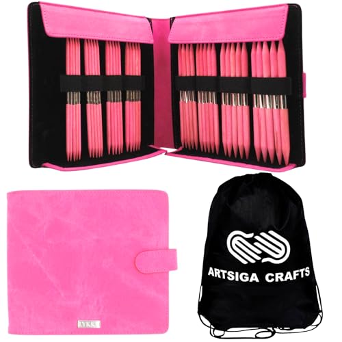 Lykke Blush Large 6-inch DPN Knitting Needles Set | Large US 6, 7, 8, 9, 10, 10.5, 11, 13 Fuchsia Case, Birchwood Semi-Sharp Tips, Project Bag - color: Blush-with-Fuchsia-Case