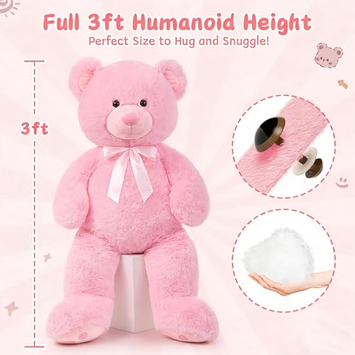 MorisMos 36 inch Big Teddy Bear Stuffed Animal, 3ft Large Bear Plush, Big Stuffed Bear with Footprints Gifts for Kids, Girls, Girlfriends, Women on Baby Shower, Valentine, Christmas, Birthday - color: Pink, size: 3 ft