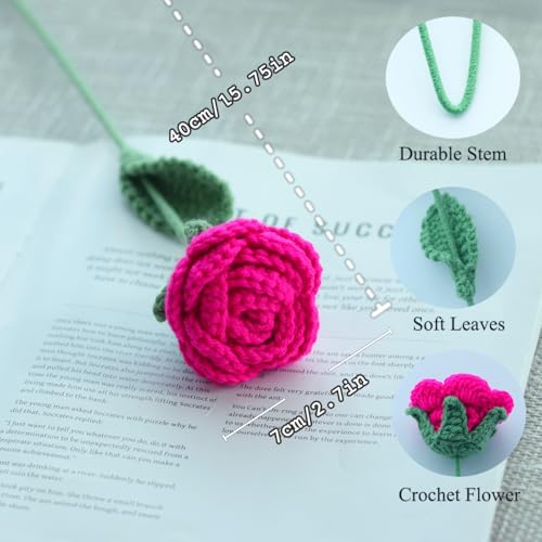 10PCS Hot Pink Crochet Roses | 16.1 in x 2.36in; wool yarn + thin iron wire stem; 100% hand crochet; vase filler, DIY wreath, bouquet, home decor, gift - color: Hot Pink