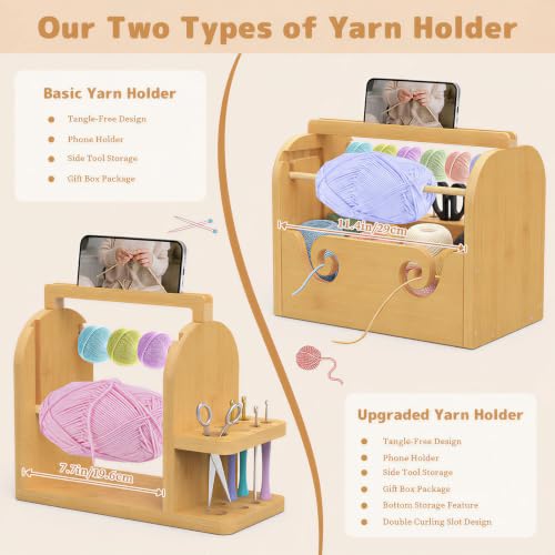 sandpaint Crochet Yarn Holder, Bamboo Wood Yarn Holder for Crocheting | Built-in Phone Stand, Tangle-Free Dual Rods & Tool Holder, Ideal Crochet Accessories for Skein, Cake, Ball Yarn - color: Wood Basic Yarn Holder