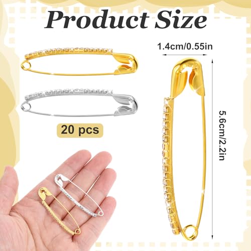 Rhinestone Safety Pins, 20 Pieces Fancy Safety Pin Large, Decorative Brooch Pin for Clothing, DIY Accessories for Clothes Sweater Shawl Collar Dress Cardigan Shirt Jeans (Gold, Sliver)