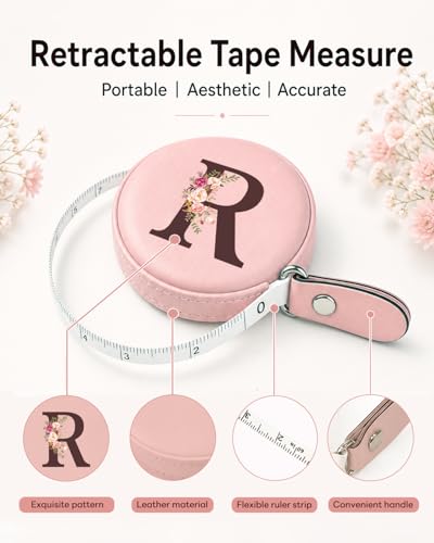 Maicican Retractable Tape Measure, Pink Leather Sewing Measuring Tape, R | with Initial A-Z, 60"/1.5m Soft Sewing Measuring Tape for Body Measurements, Portable Small Fabric Ruler - color: Tape Measure-Pink R