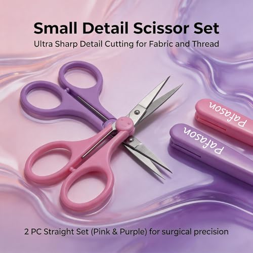 PAFASON Small Travel Sewing Craft Scissors Set Straight Precision Fine Tip | Stainless Steel for Quilting Knitting Embroidery Cross Stitch Crochet Thread Yarn Paper Detail Cutting Safety Case - color: Straight 4in Pink + Straight 4in Purple