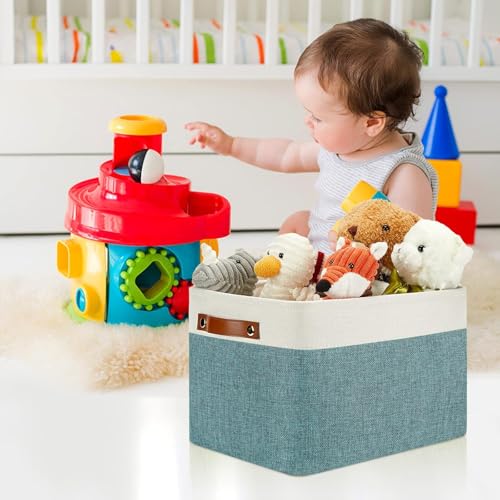DULLEMELO Storage Baskets for Shelves, Fabric Collapsible Rectangular Storage Bins for Shelves, Closets, Nursery, Home, Office, Empty Gift Baskets (4-Pack-15"*11"*9.5", White&Deep Green) - color: White&Dark Green, size: L-15"x11"x9.5"