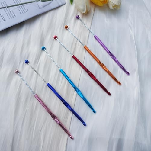 6 Pack DIY Beadable Crochet Hooks Knitting Needles Set Aluminum Handle for Focal Beads Colors (Blue Purple Red Orange Pink Light Blue, 6 mm) - size: 6 mm