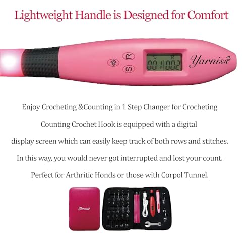 Yarniss 17 Size Counting Crochet Hooks Set for Stitch & Row 2.5mm~14.0mm | Light Up Crochet Hook with Digital Counter,Glow In Dark Better for Night Crocheting - color: Multicolor-17 Size with Light & Counter