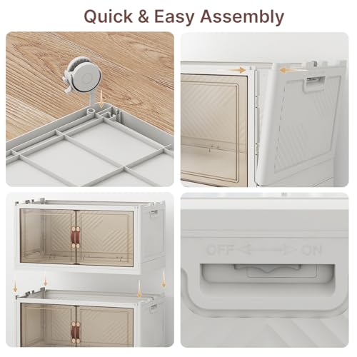 UAMFURI Stackable Storage Bins with Lids, 480QT Lockable Storage Cabinet | Folding Storage Box with Doors and Wheels, Collapsible Plastic Drawers for Home, Garage, Office - color: White, size: Large