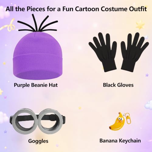 Cartoon Character Costume Accessory Kit Adult Men Women Halloween Costumes | Funny Easy Halloween Costumes Accessories Beanie Hat Goggles Gloves Banana Keychain for Birthday Themed Party Dress Up Set - color: Purple - 4pcs