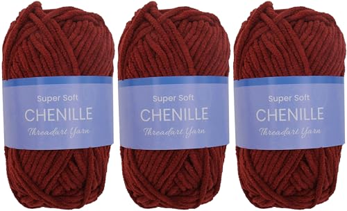 ThreadArt 3 Pack Chenille Yarn for Crochet, #5, Burgundy 30 | Super soft plush chenille yarn for crochet, knitting, amigurumi, blankets and toys. Fluffy #5 weight, 50g/60yd skeins. - color: BURGUNDY, size: 3 PACK