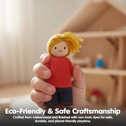 PlanToys® Boy Dollhouse Wooden Figurine Poseable 1:12 Scale 4-Inch Doll | son character, doll house people accessories, bendable arms, kids pretend play, girls storytelling gift ages 3+ for boys - color: Caucasian Boy