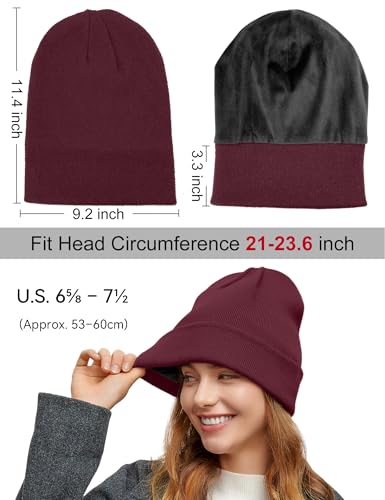 Fleece Lined Wool Beanie Hat Men Women, Warm Cuffed Winter Cap | 50% Wool Thermal Knit, Soft Velvet Fleece Liner, Long Style Full Ear Cover Warm Watch Cap, Tall Roomy Crown Skull Cap - color: Winered