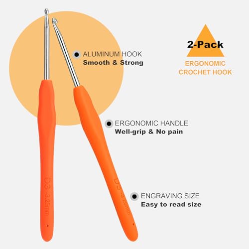 2Pcs 3.25mm Crochet Hooks, Ergonomic Crochet Hook for Arthritis | Knitting Needles for Beginners,Extra Long, Smooth, Comfortable for Knitting Sweaters,Scarves and Hats(Size D / 3.25mm) - size: 3.25mm