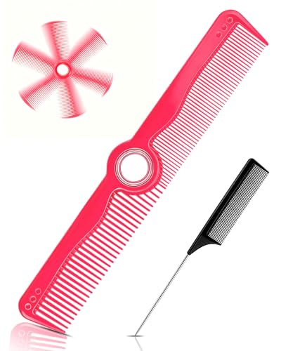 Rotatable Hair Comb, 8" Fine & Wide Tooth Comb with Bonus 9" Rat Tail Comb | Professional Hair Comb for Men Women, Carbon Fiber + ABS, Rounded Teeth, Heat Resistant for Hair Stylists, Barbers - color: Pink