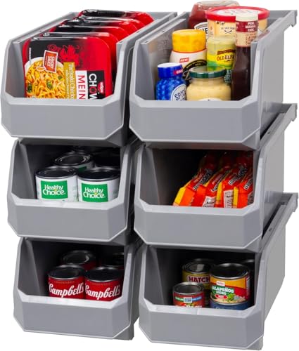 ReadySpace Large Stackable Plastic Storage Bins, 6-Pack, Grey | Open-Front Stackable Bins For Garage, Pantry, Closet & Office, 14,8"L X 8"W X 7"H, Nests When Empty, Durable Plastic, - color: Grey, size: Large, 6-Pack