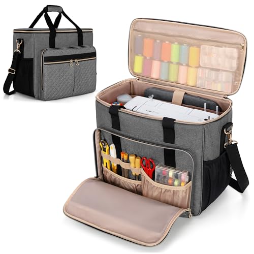 LUXJA Sewing Machine Case with Multiple Pockets, Gray | Sewing Machine Bag Compatible with Most Standard Brother, Singer, Janome, Detachable Shoulder Strap, Trolley Sleeve - color: Gray