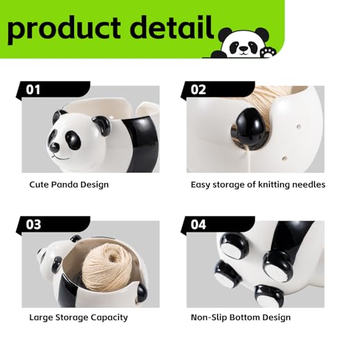 Yarn Bowl for Crochet Large Panda Shaped Ceramic Yarn Holder Crochet Bowl Knitting Bowl, 6x4 Inches, Black and White - color: Panda