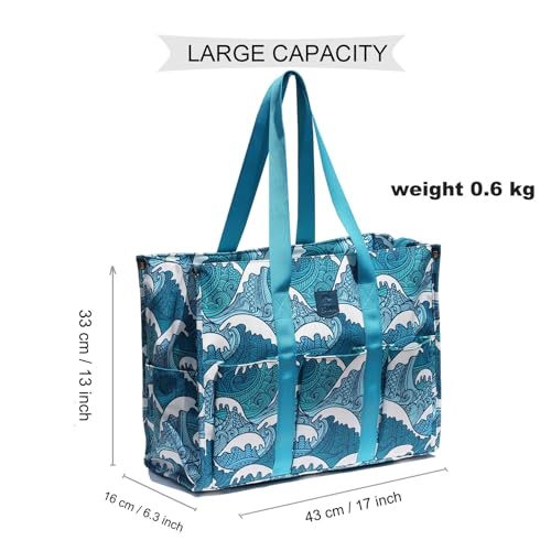 ESVAN Utility Tote Bag with Zip Top Waterproof Teacher Tote Bag for Teacher Work Women Beach - color: A Wave