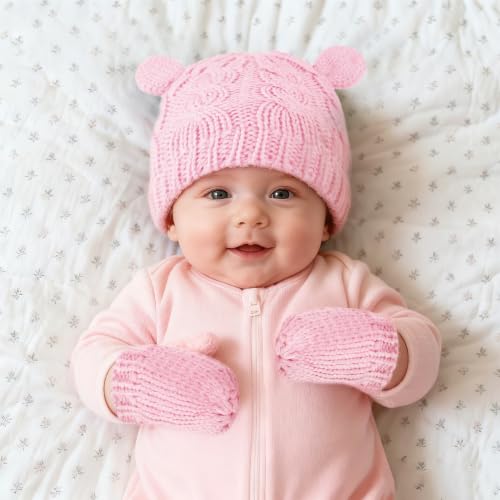 Baby Winter Hat Mittens Set Knitted Beanie Gloves for Baby Girls Boys Newborn Infant Toddler Autumn Winter - color: Pink