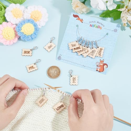 NBEADS 12 Pcs 12 Styles Wood Rectangle Stitch Markers with Lobster Clasp, Knitting Crocheting Accessories for Direction Guidelines