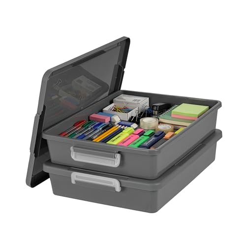 IRIS USA Storage Bins with Lids |Made in USA| 6 Qt - (2-Pack) - Gray | Discreet Plastic Containers for Crafts, Art, Office & Study Supplies / Secure Latch Buckles - size: 6 Qt. - 2 Pack