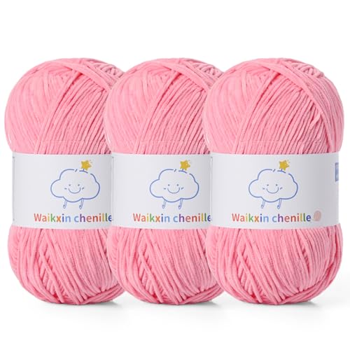Fluffy Chenille Yarn for Crocheting，Baby Yarn for Crocheting Soft，3 Pack of 100g/3.5oz Velvet Amigurumi Yarn ，Fingering Weight Yarns for Crocheting Baby Blankets、DIY Craft.(3 Pink) - color: 3 Pink