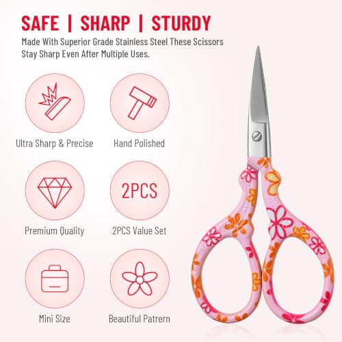 2PCS Sewing Embroidery Scissors, 3.6 Inches Sharp Stainless Steel Crochet Scissor Craft Scissors for Cross Stitch Supplies, Crochet Accessories, Paper Cutting,Threading & Needlework DIY(Red+Pink) - color: Red+pink