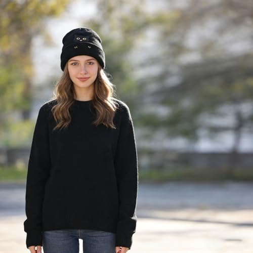 Personality Animal Head Embroidery Knit Beanie Hat for Adult and Big Kids Winter Warm Skull Cuffed Hats - color: Cat-black