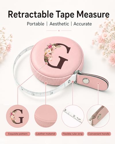 Maicican Retractable Tape Measure, Pink Leather Sewing Measuring Tape, G | with Initial A-Z, 60"/1.5m Soft Sewing Measuring Tape for Body Measurements, Portable Small Fabric Ruler - color: Tape Measure-Pink G
