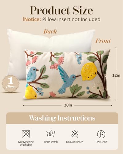 Embroidered Lumbar Pillow Cover 20x12 Inch, Bird Lemon | Decorative Throw Pillow Cover, Farmhouse Cushion Case with Hidden Zipper, Cottagecore Decor for Couch, Sofa, Living Room - color: Bird Lemon, size: 20" x 12" (Pack of 1)