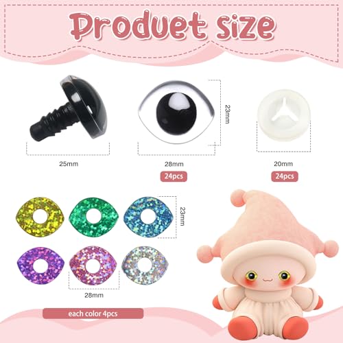 TOAOB 24 Set Glitter Safety Eyes for Amigurumis 28mm Oval Crochet with Washers Mixed Colors Doll Eyes for DIY Puppet Stuffed Animals Making